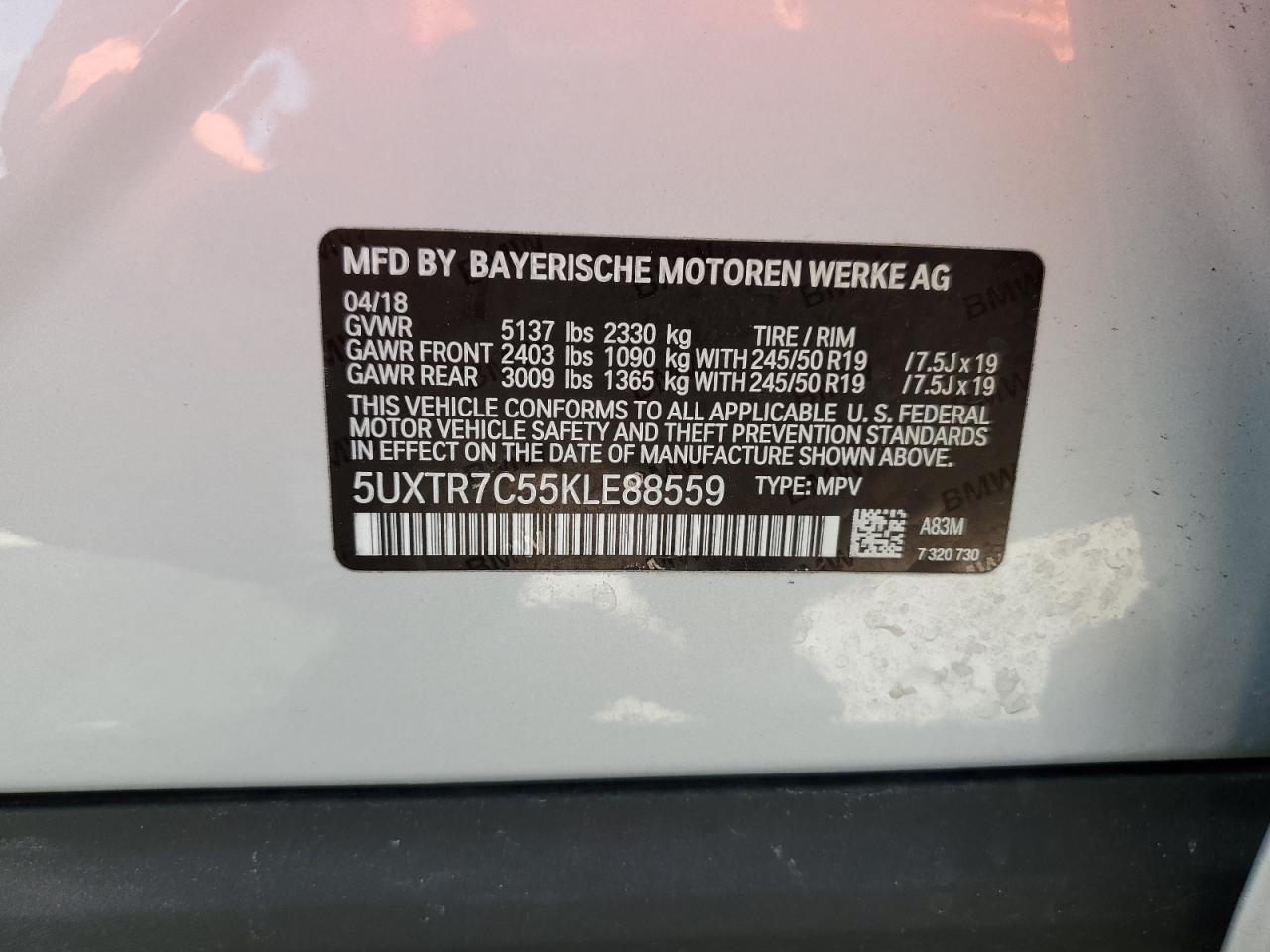 5UXTR7C55KLE88559 2019 BMW X3 Sdrive30I