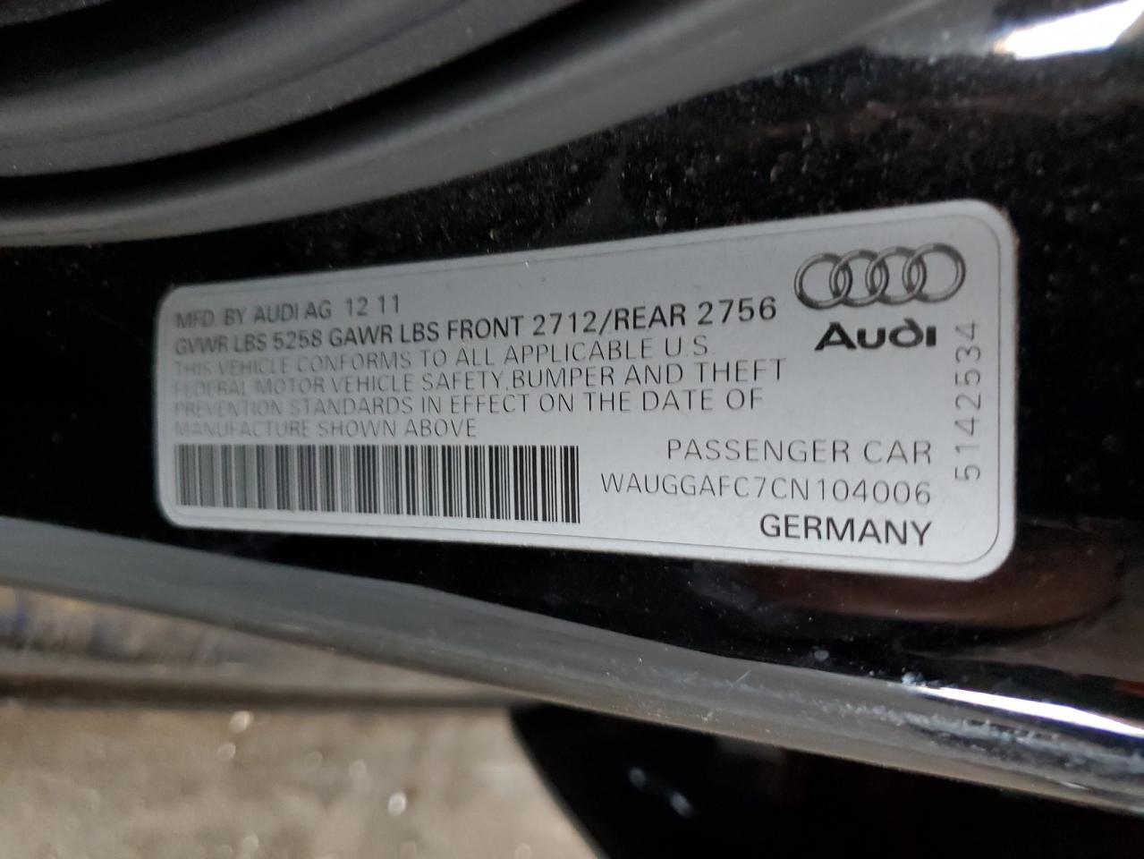 2012 Audi A6 Premium Plus VIN: WAUGGAFC7CN104006 Lot: 71497944