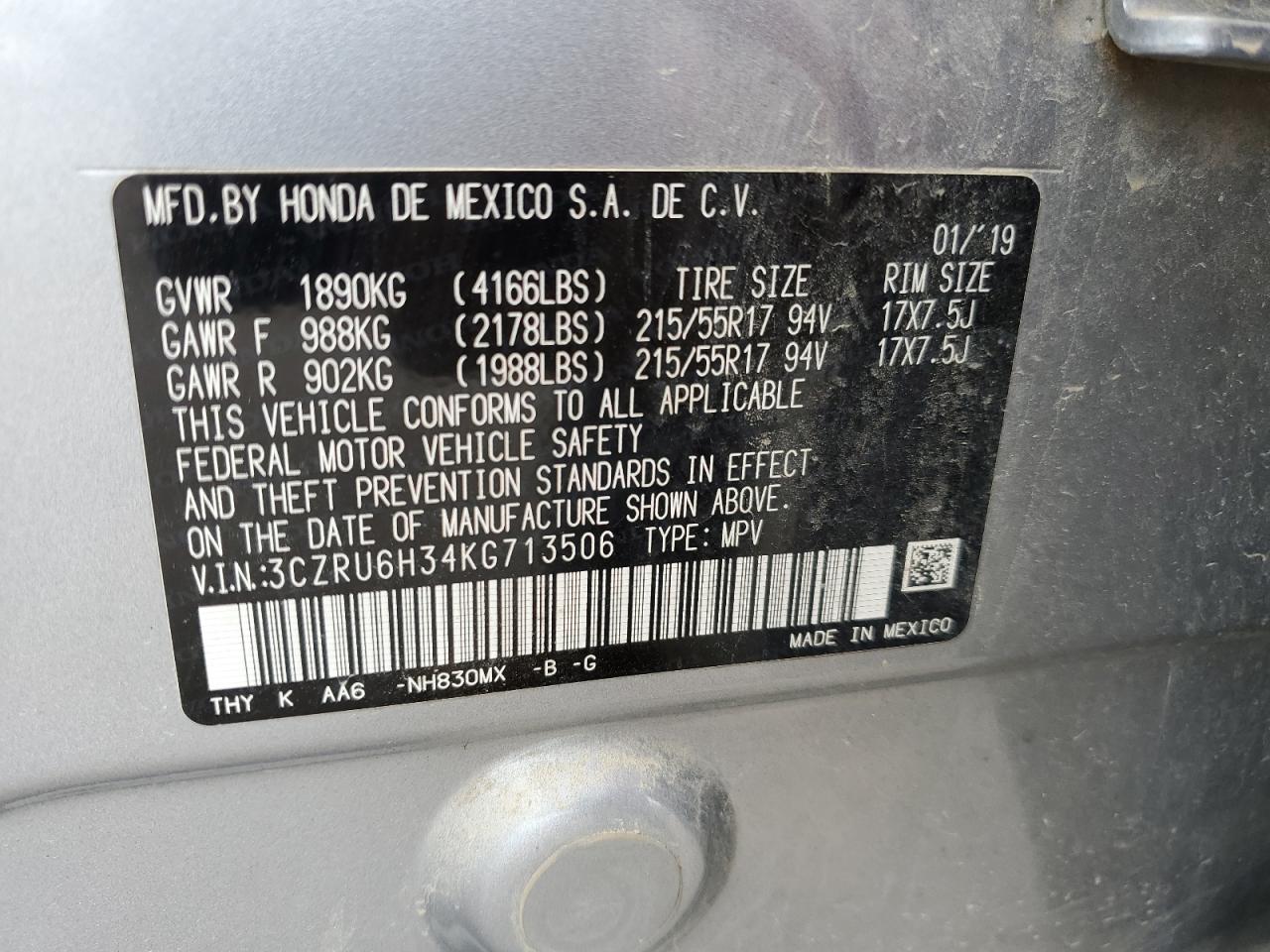 3CZRU6H34KG713506 2019 Honda Hr-V Lx