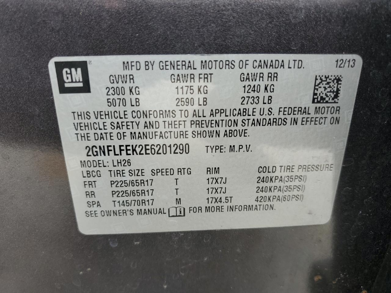 2GNFLFEK2E6201290 2014 Chevrolet Equinox Lt