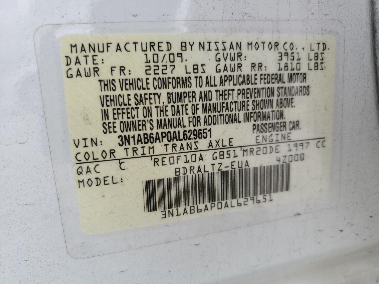 3N1AB6AP0AL629651 2010 Nissan Sentra 2.0