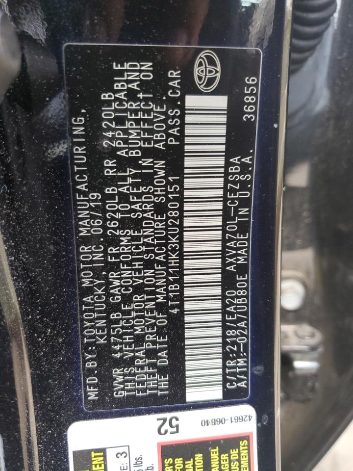 4T1B11HK3KU280151 2019 Toyota Camry L