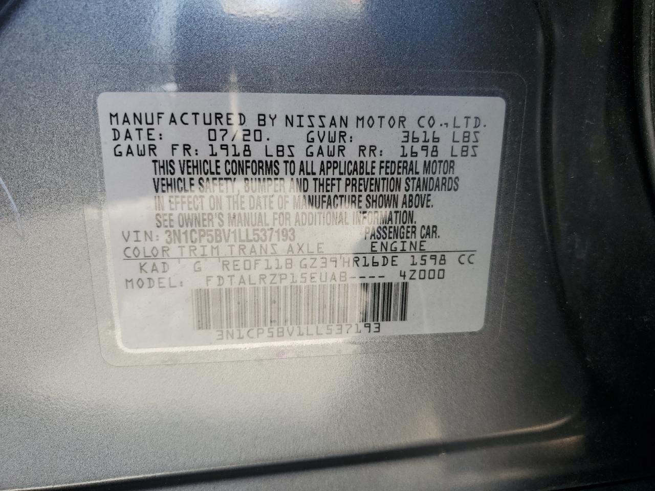 3N1CP5BV1LL537193 2020 Nissan Kicks S