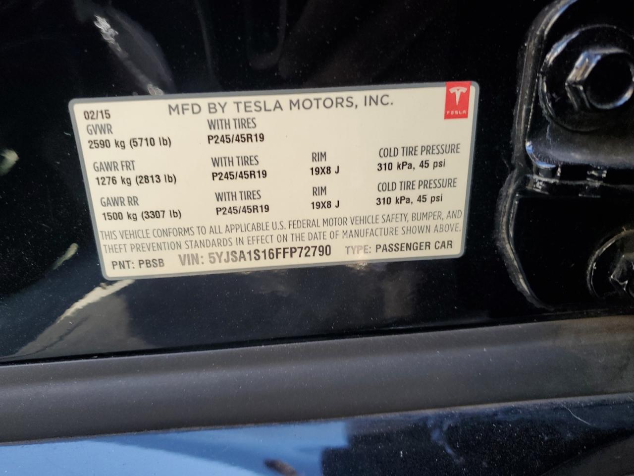 5YJSA1S16FFP72790 2015 Tesla Model S 60