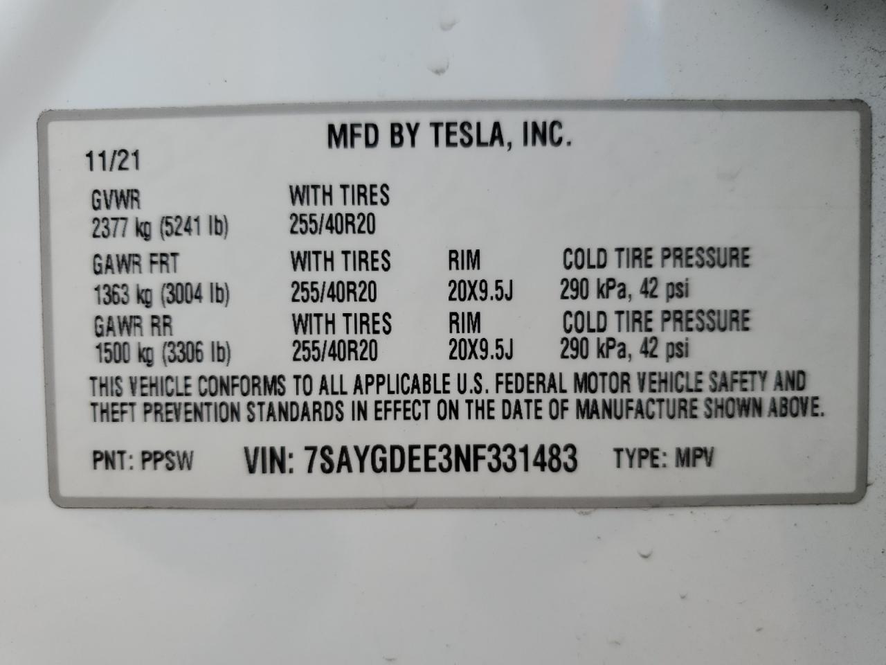 7SAYGDEE3NF331483 2022 Tesla Model Y