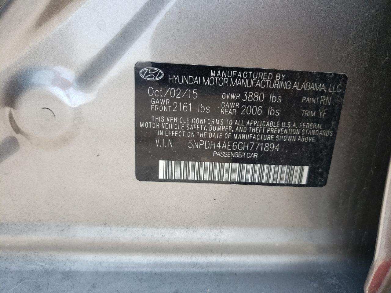 5NPDH4AE6GH771894 2016 Hyundai Elantra Se