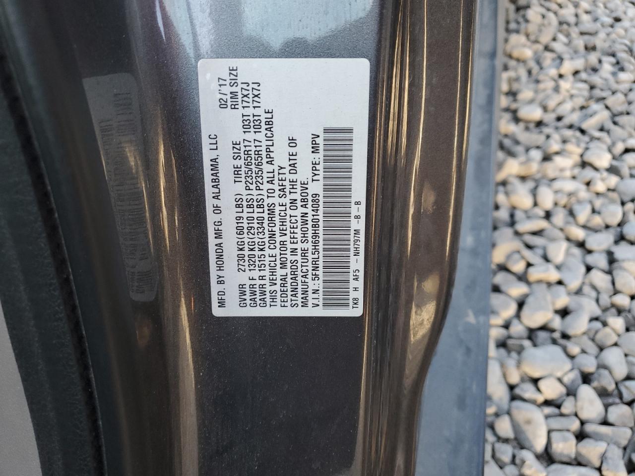 5FNRL5H69HB014089 2017 Honda Odyssey Exl