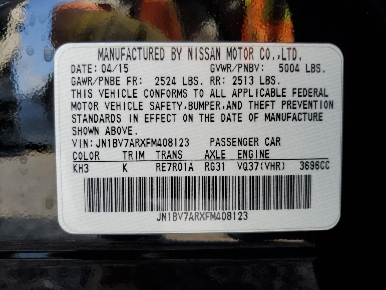 JN1BV7ARXFM408123 2015 Infiniti Q50 Base