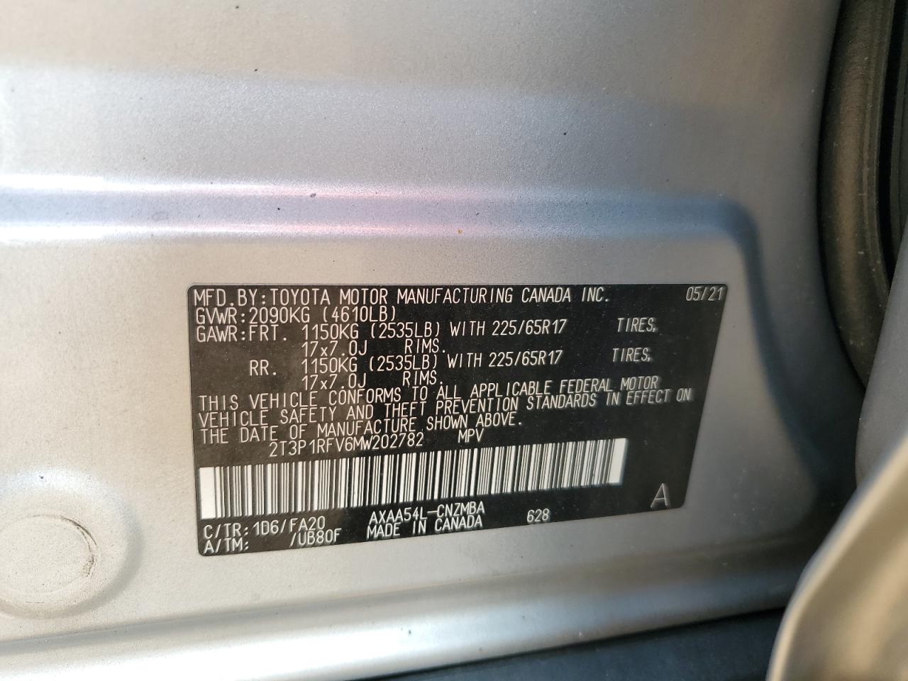 2T3P1RFV6MW202782 2021 Toyota Rav4 Xle