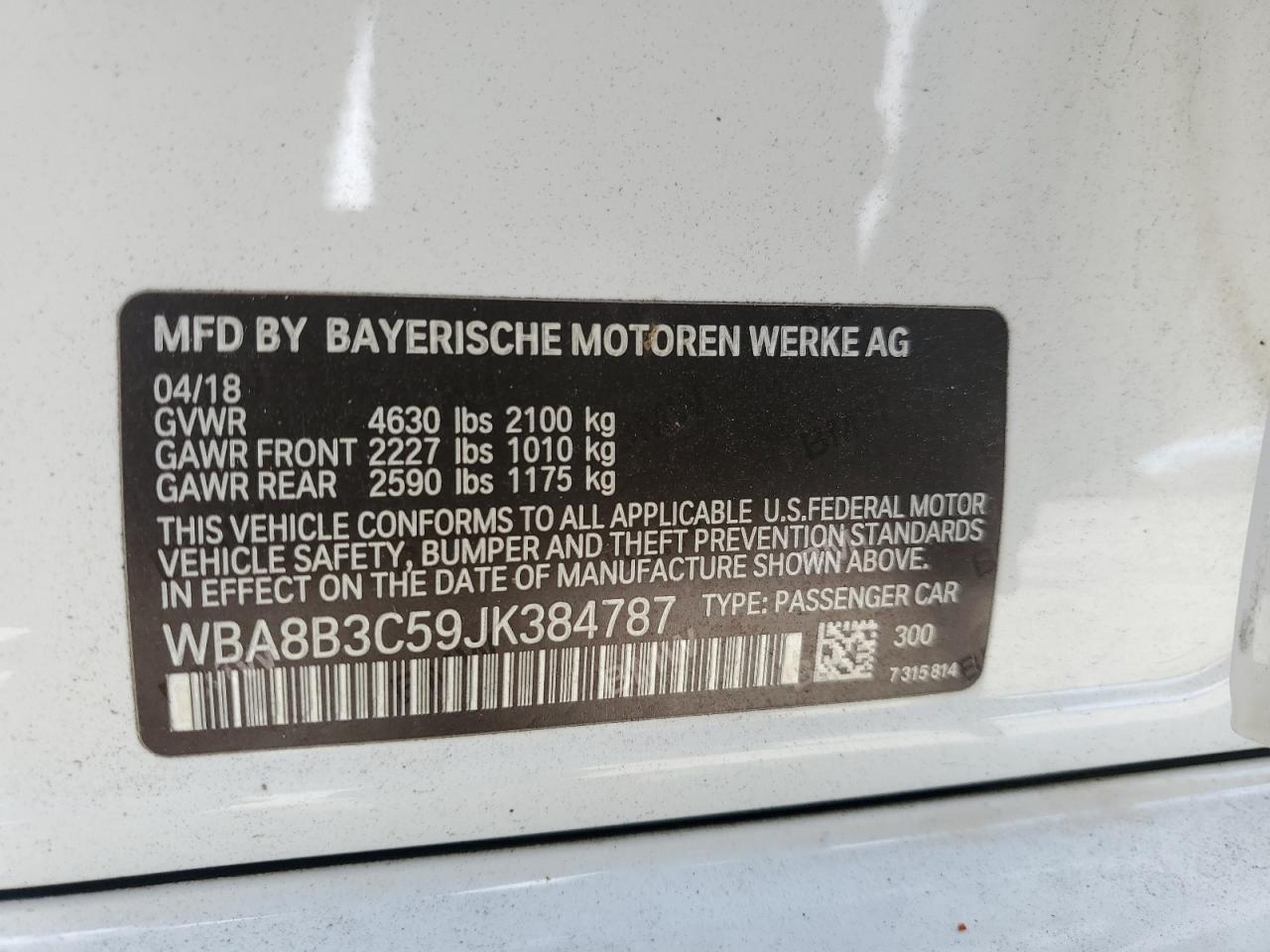 2018 BMW 340 I VIN: WBA8B3C59JK384787 Lot: 70266974