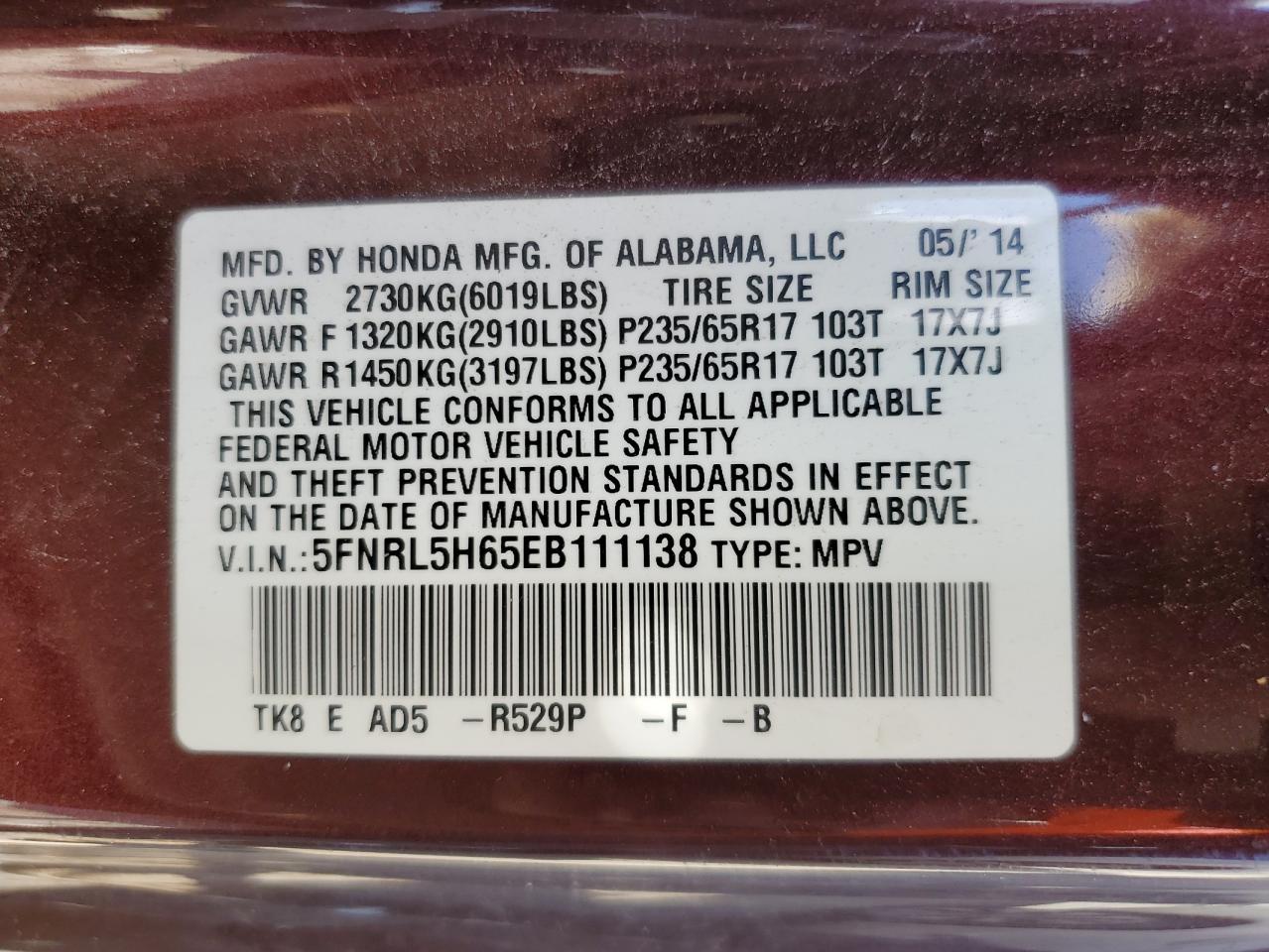 5FNRL5H65EB111138 2014 Honda Odyssey Exl