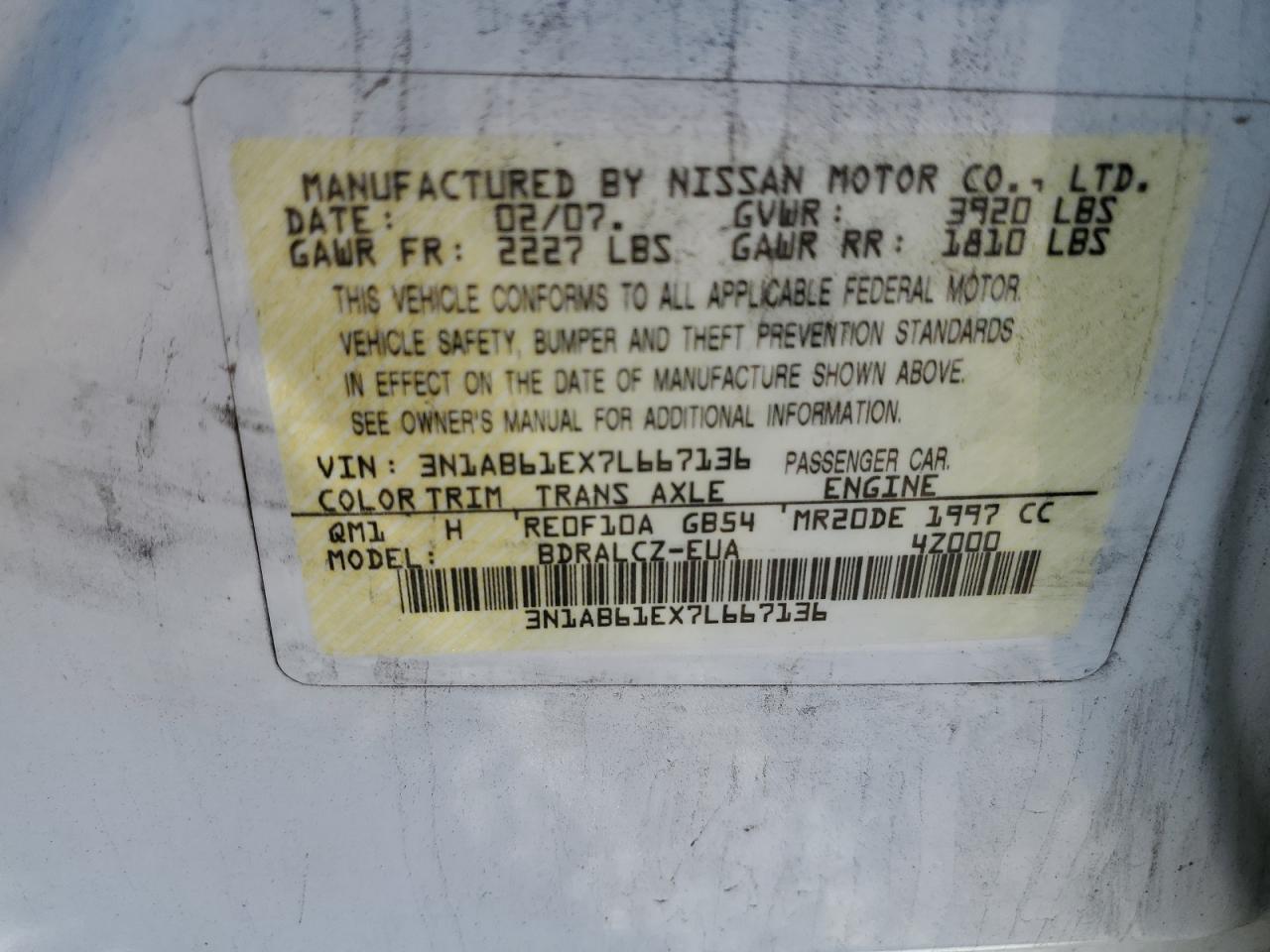 3N1AB61EX7L667136 2007 Nissan Sentra 2.0