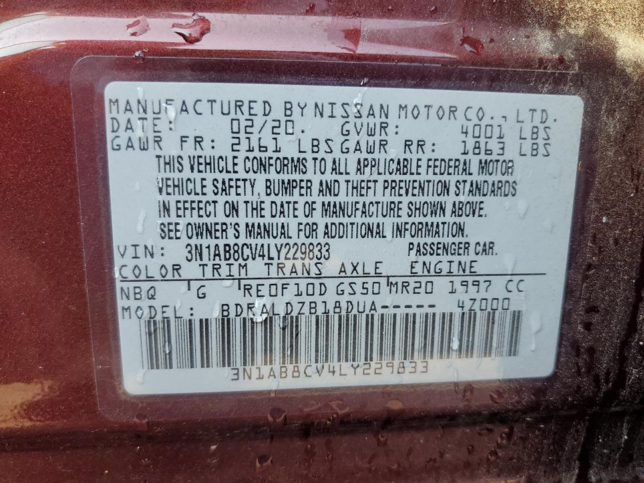 3N1AB8CV4LY229833 2020 Nissan Sentra Sv