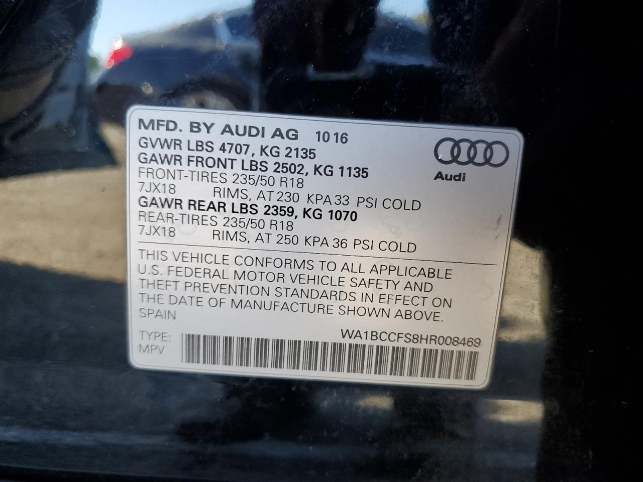 2017 Audi Q3 Premium VIN: WA1BCCFS8HR008469 Lot: 70222324