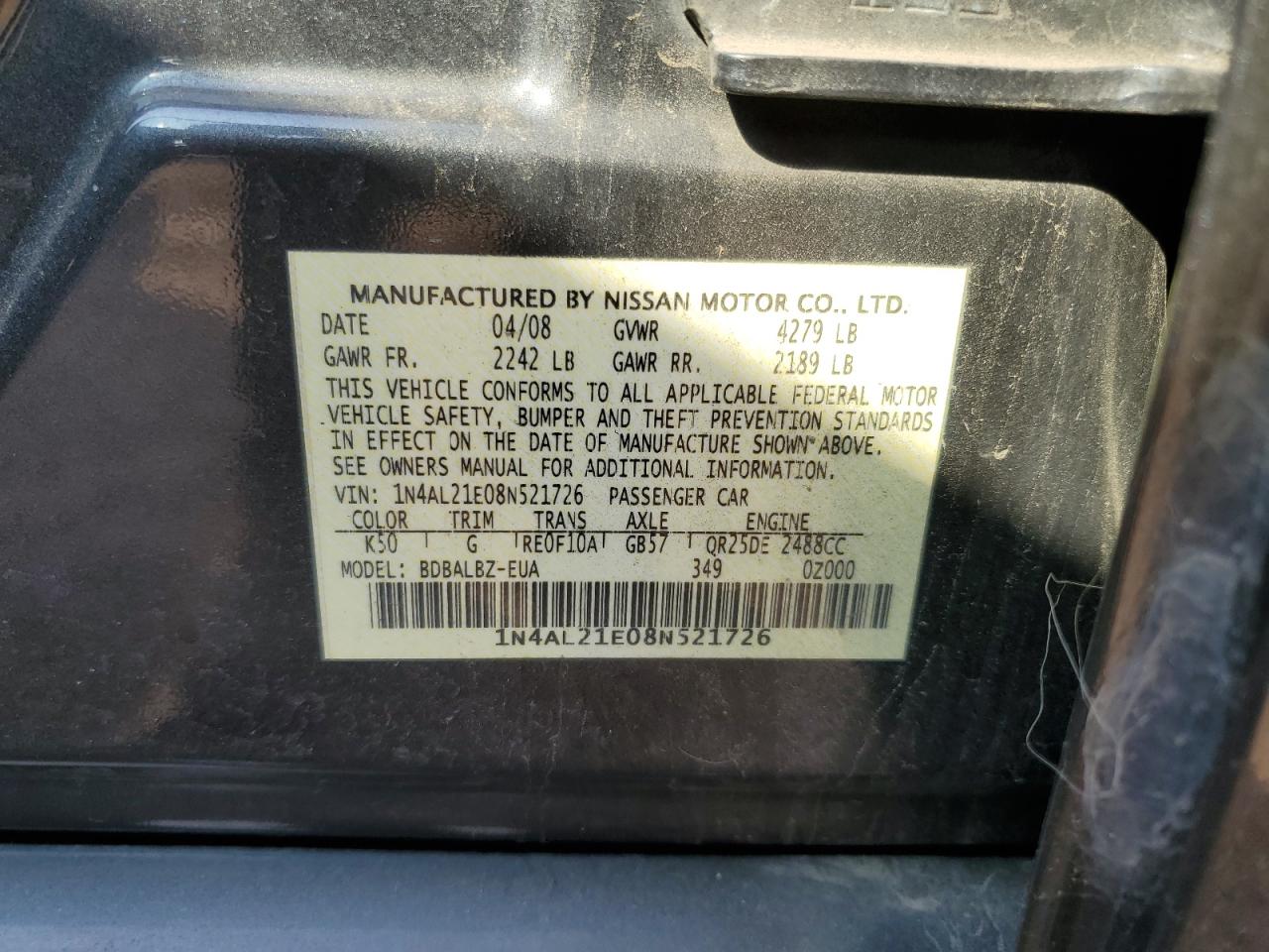 1N4AL21E08N521726 2008 Nissan Altima 2.5