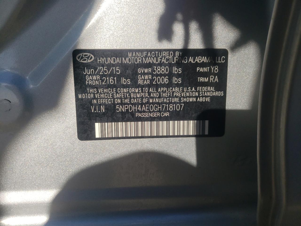 2016 Hyundai Elantra Se VIN: 5NPDH4AE0GH718107 Lot: 72573504