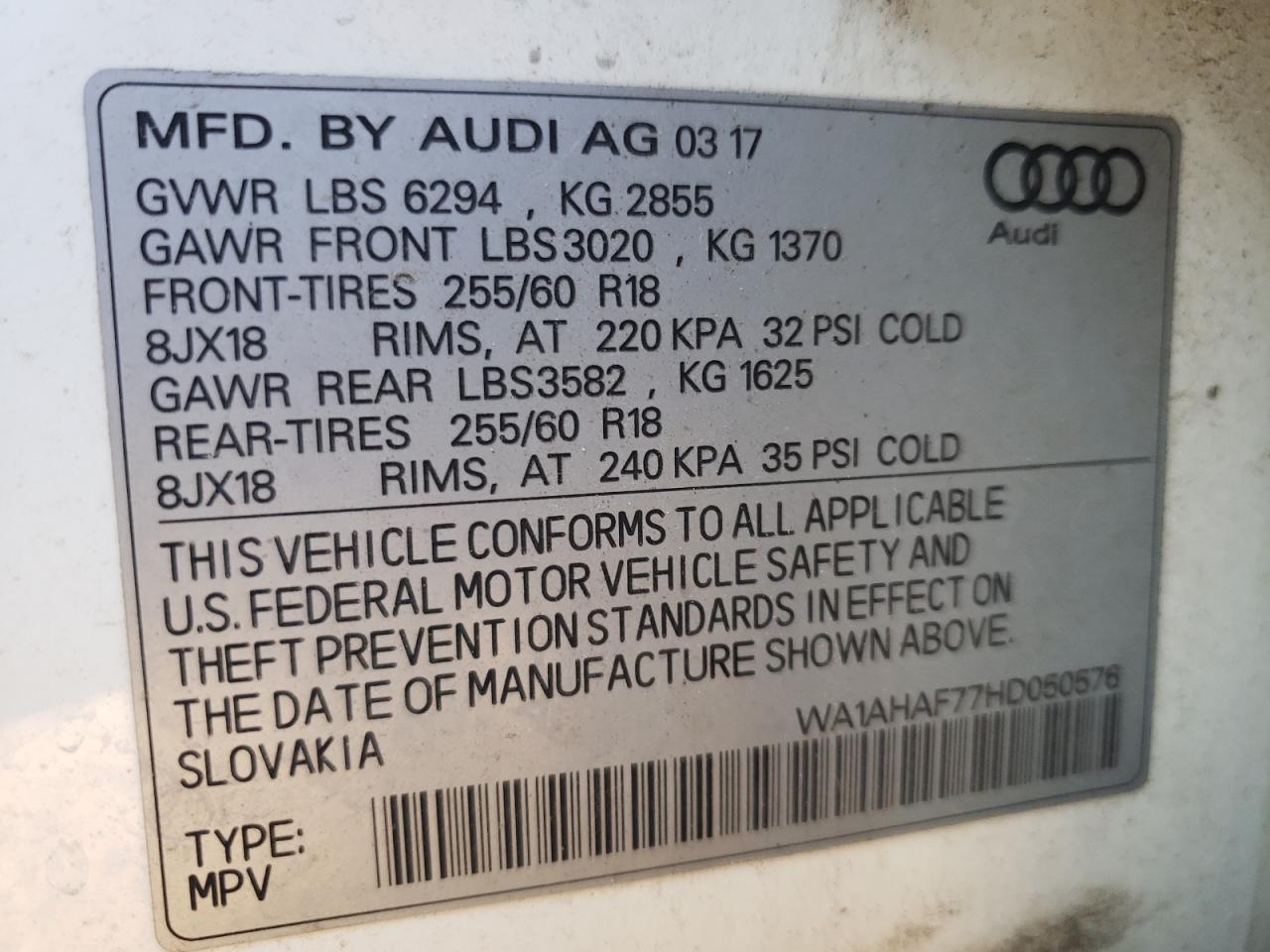 WA1AHAF77HD050576 2017 Audi Q7 Premium