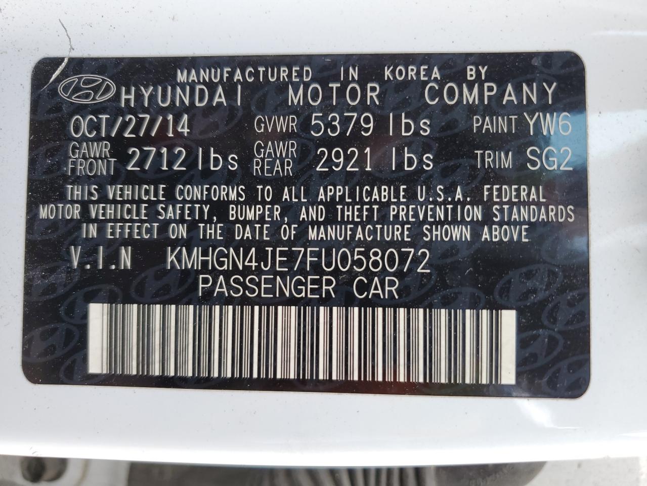 KMHGN4JE7FU058072 2015 Hyundai Genesis 3.8L