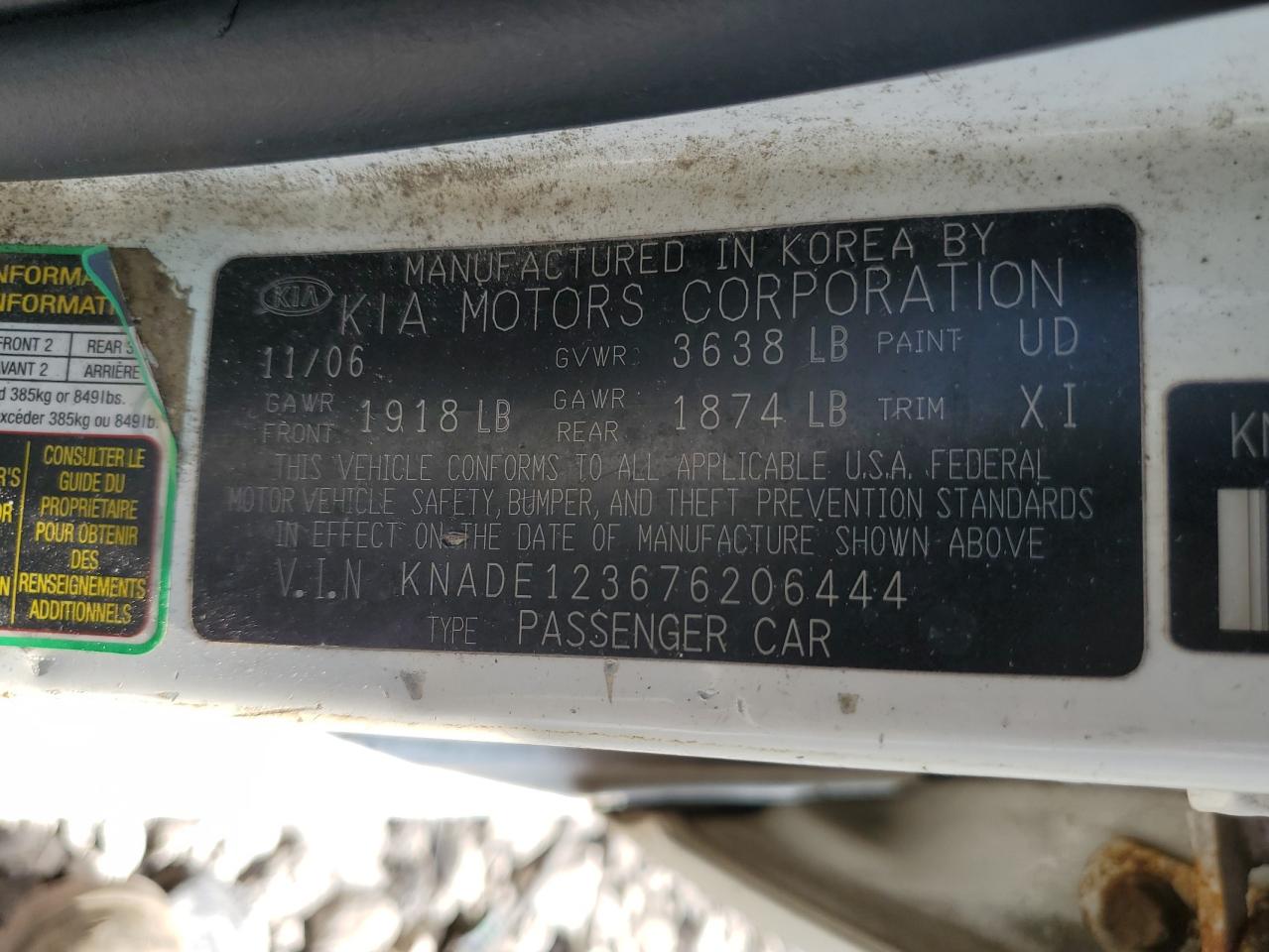 KNADE123676206444 2007 Kia Rio Base