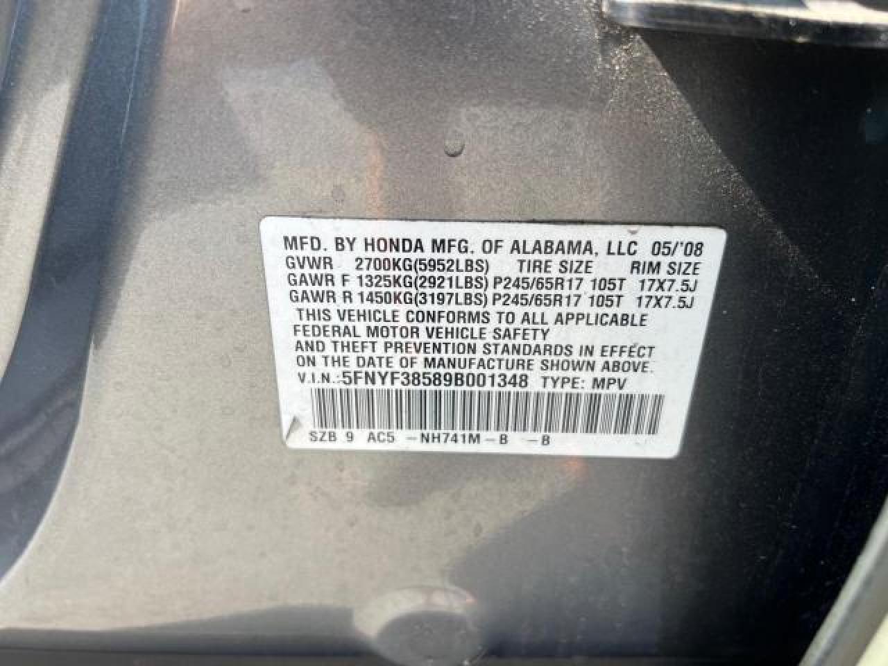 2009 Honda Pilot Exl VIN: 5FNYF38589B001348 Lot: 70420644