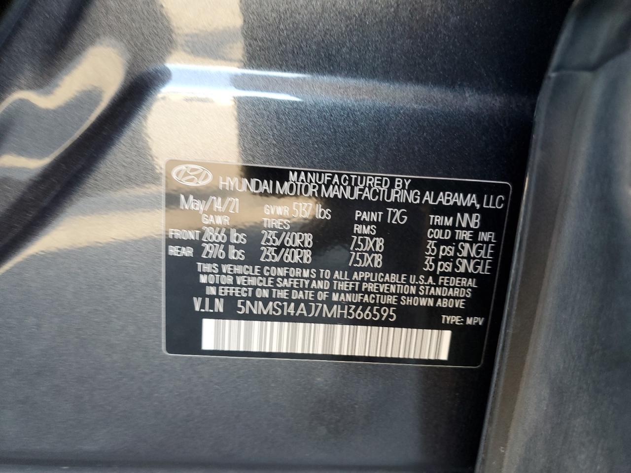 5NMS14AJ7MH366595 2021 Hyundai Santa Fe Se