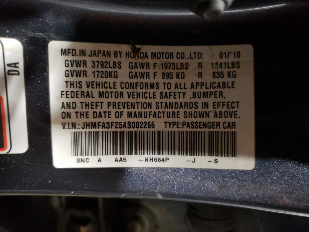 JHMFA3F25AS002266 2010 Honda Civic Hybrid