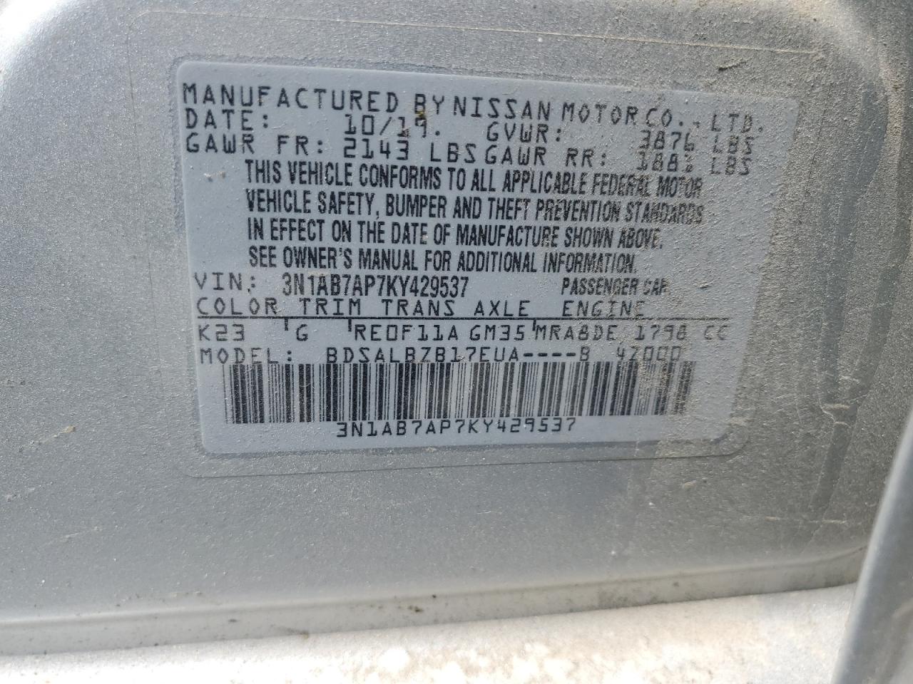 3N1AB7AP7KY429537 2019 Nissan Sentra S