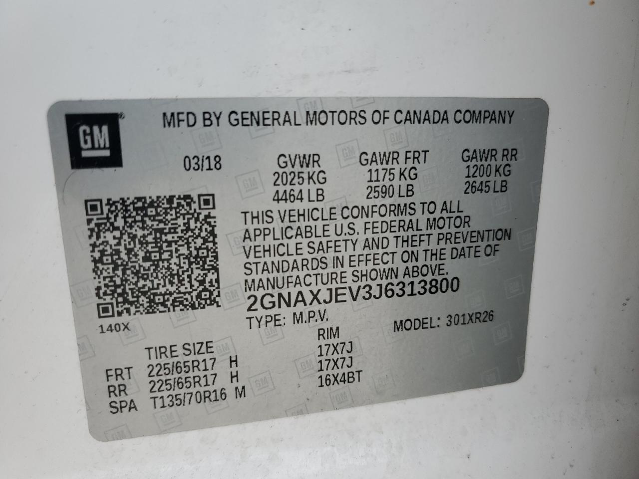 2GNAXJEV3J6313800 2018 Chevrolet Equinox Lt