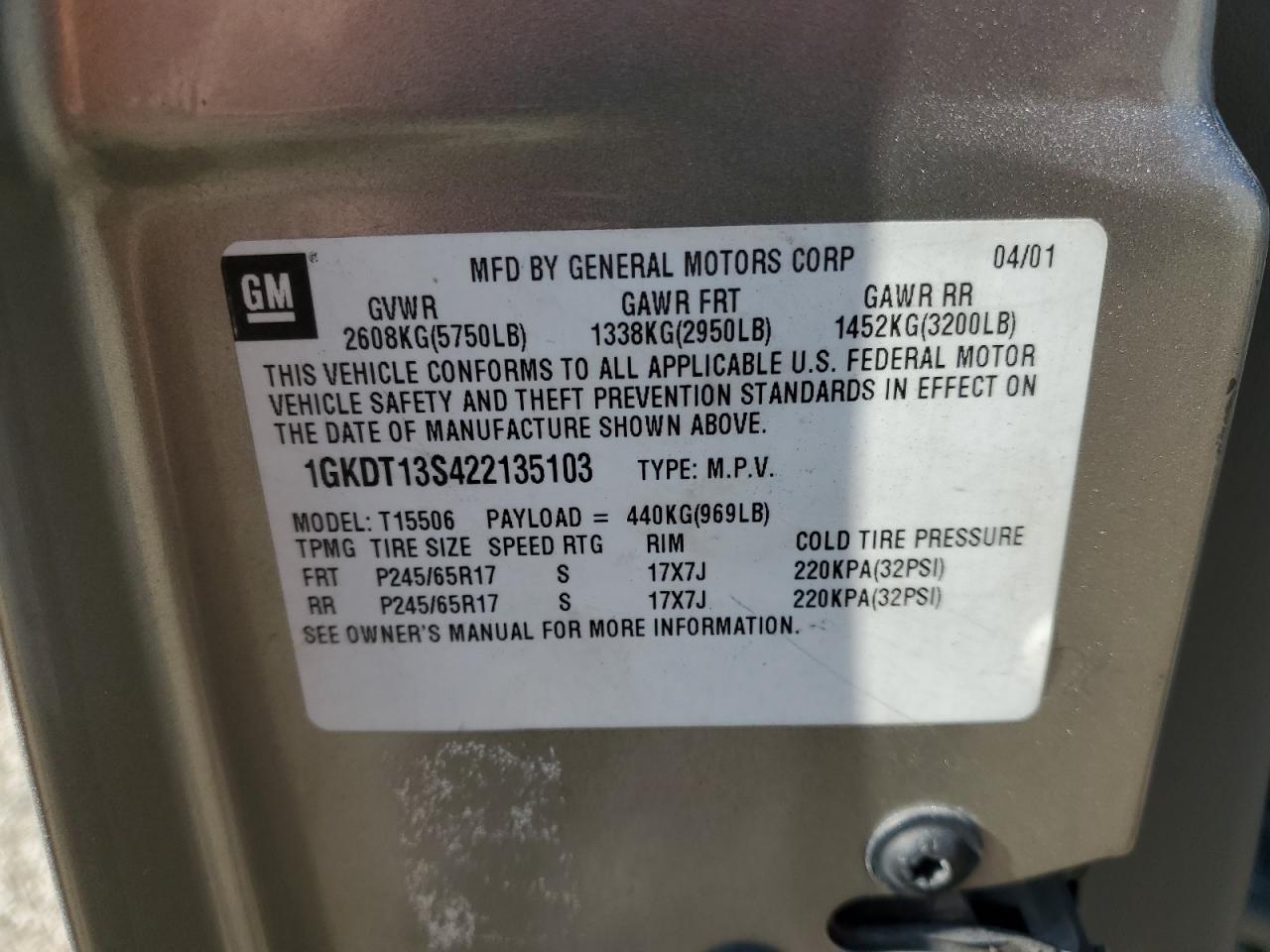 2002 GMC Envoy VIN: 1GKDT13S422135103 Lot: 86073915