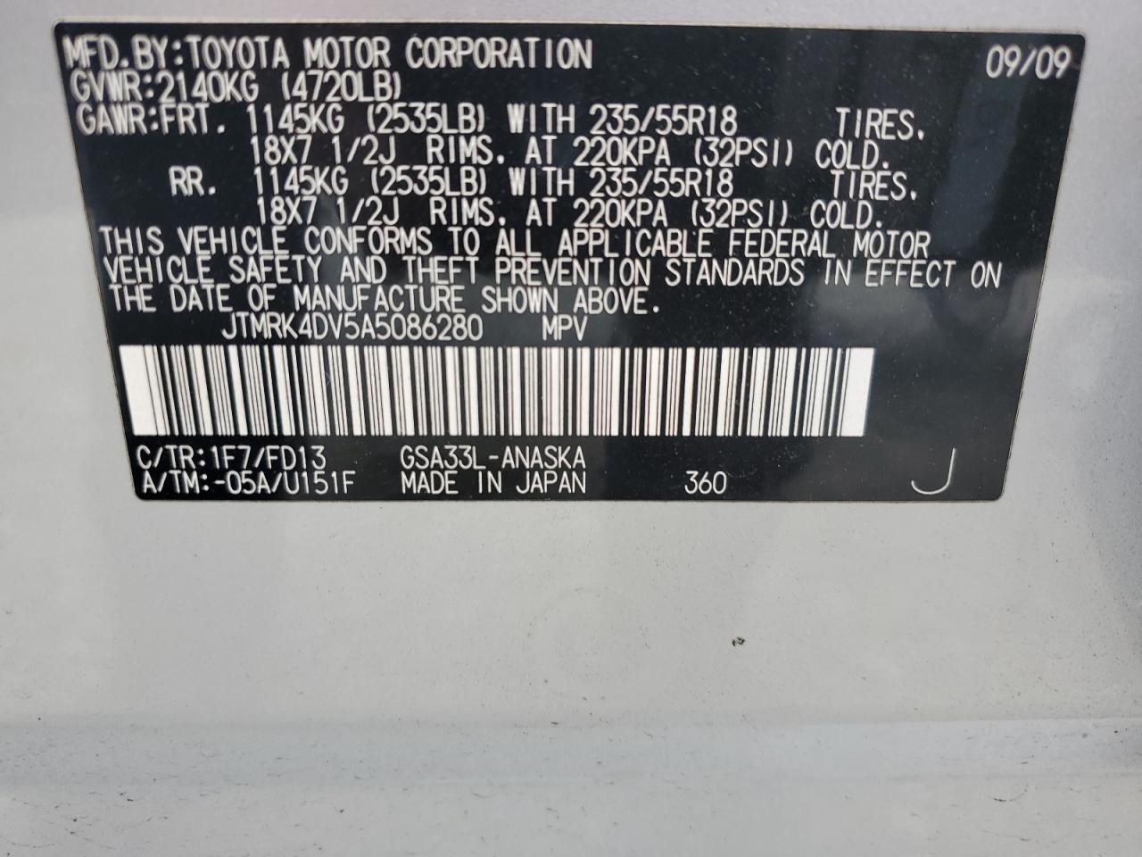 JTMRK4DV5A5086280 2010 Toyota Rav4 Sport