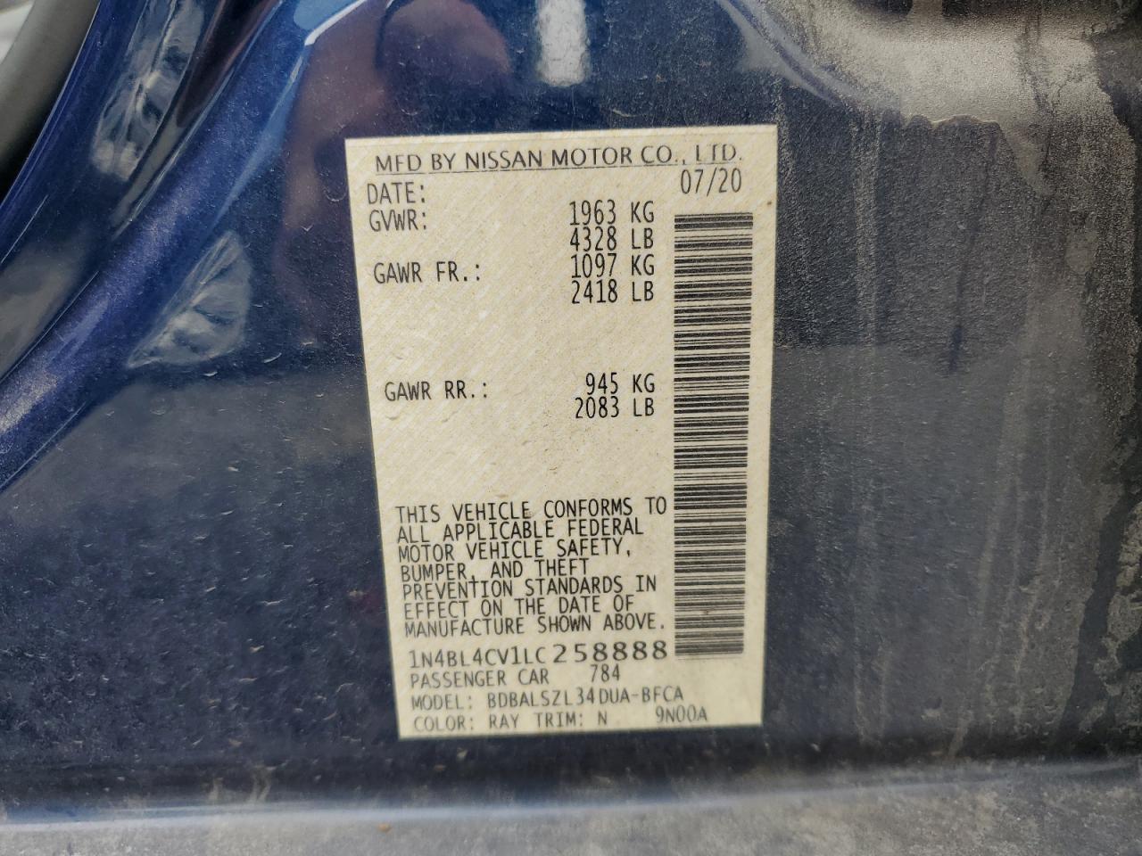 2020 Nissan Altima Sr VIN: 1N4BL4CV1LC258888 Lot: 72416124