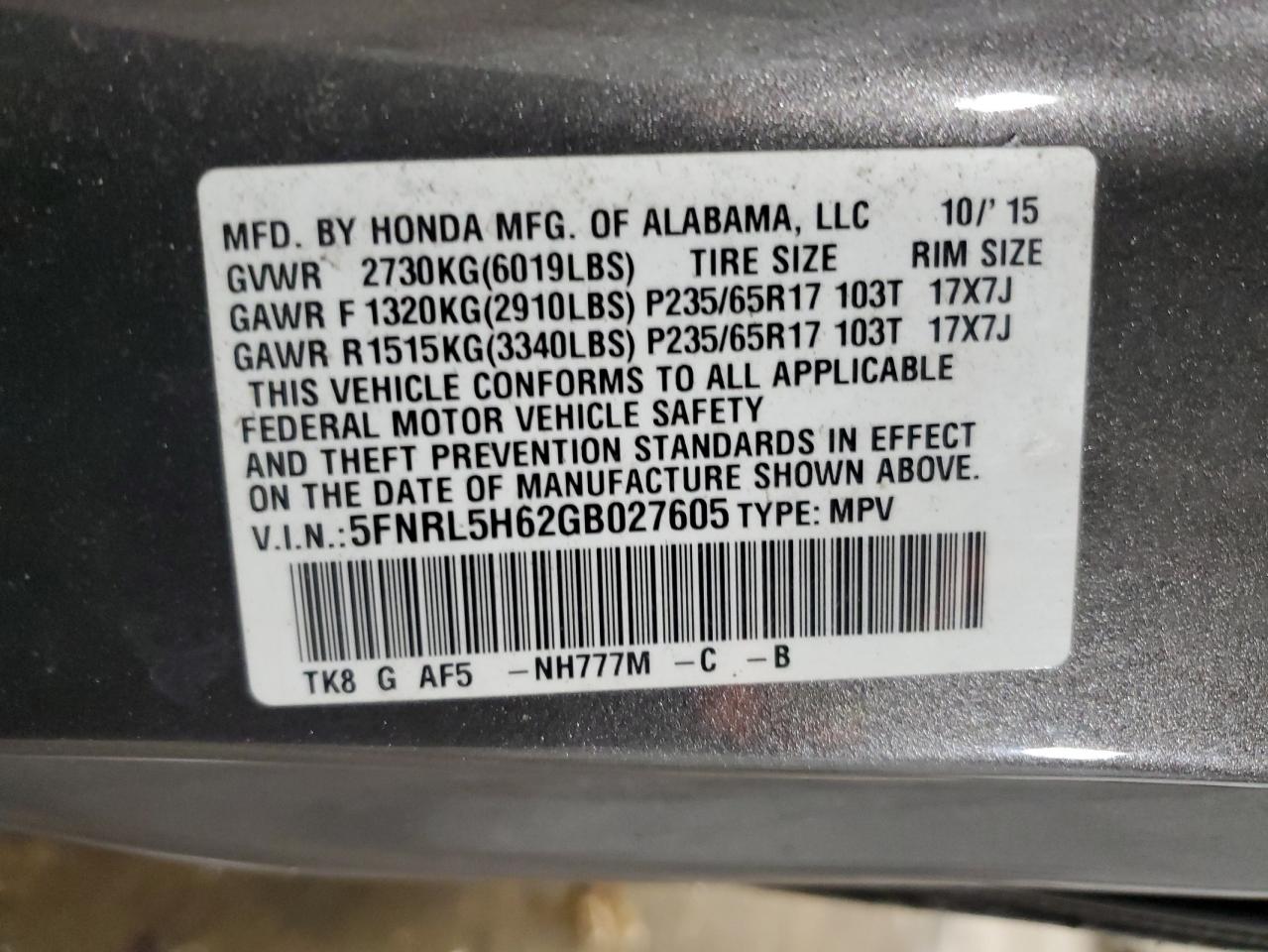 5FNRL5H62GB027605 2016 Honda Odyssey Exl