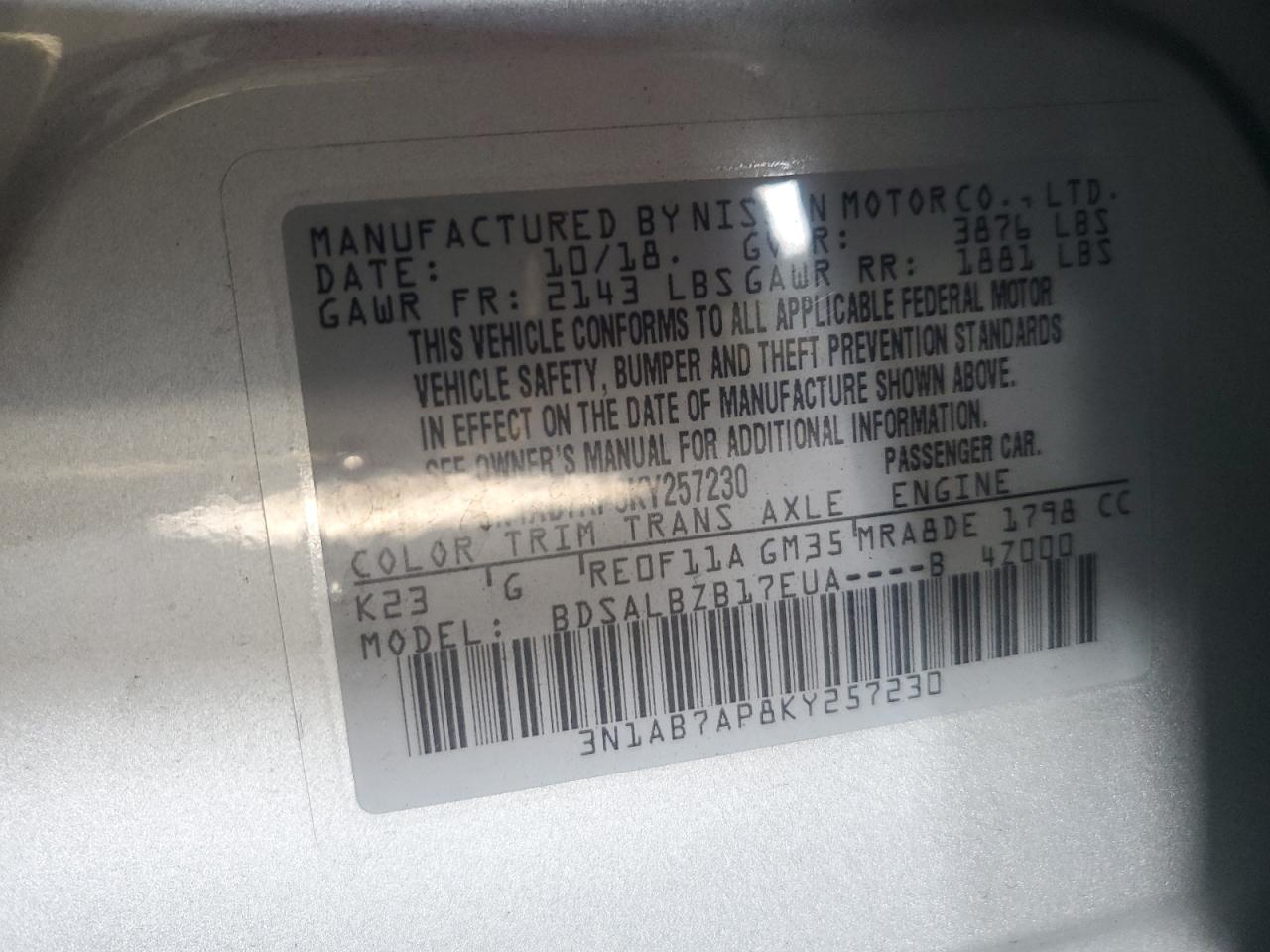 3N1AB7AP8KY257230 2019 Nissan Sentra S