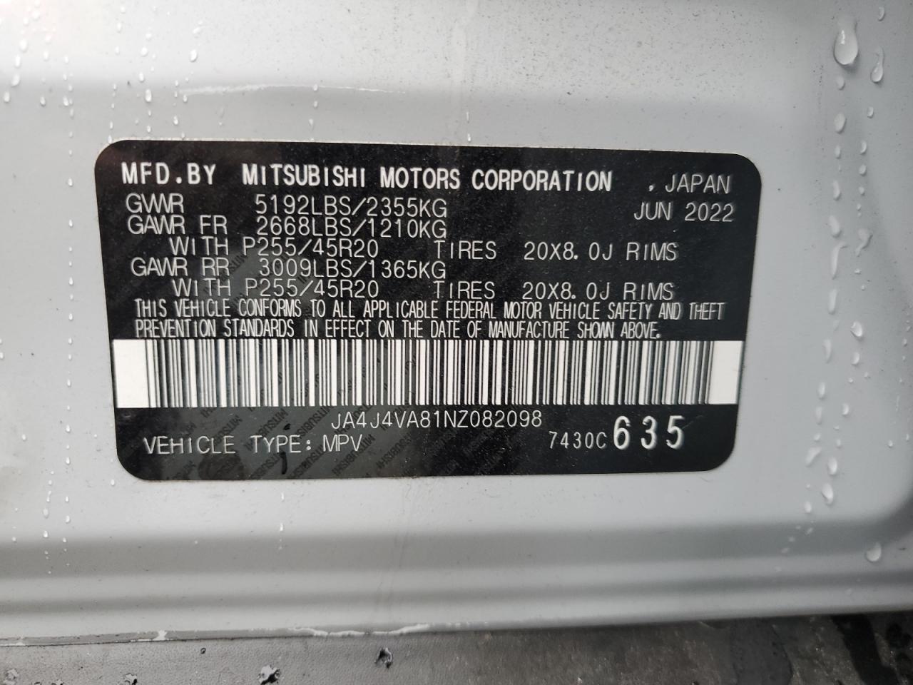 2022 Mitsubishi Outlander Sel VIN: JA4J4VA81NZ082098 Lot: 72974464