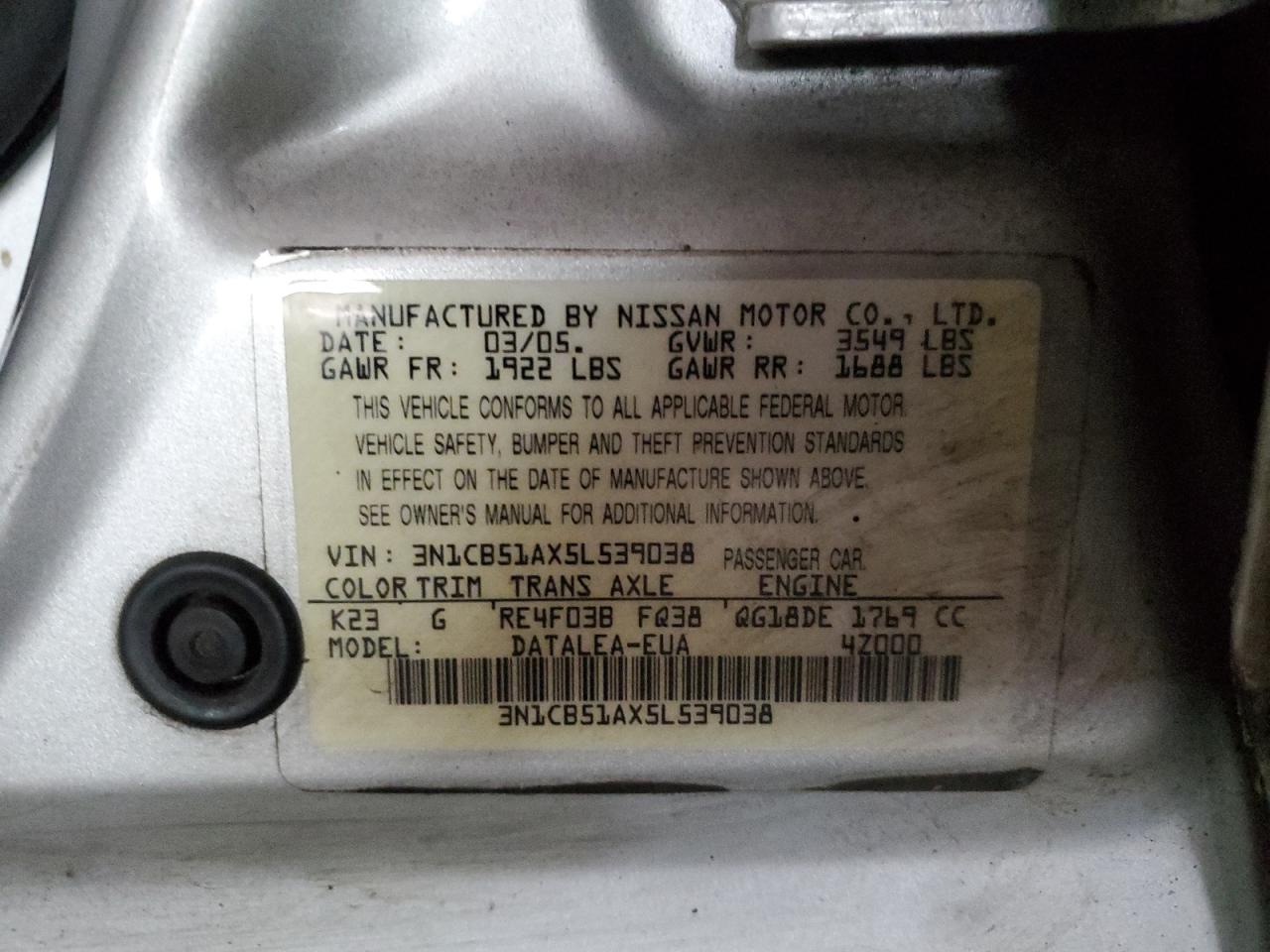 3N1CB51AX5L539038 2005 Nissan Sentra 1.8S