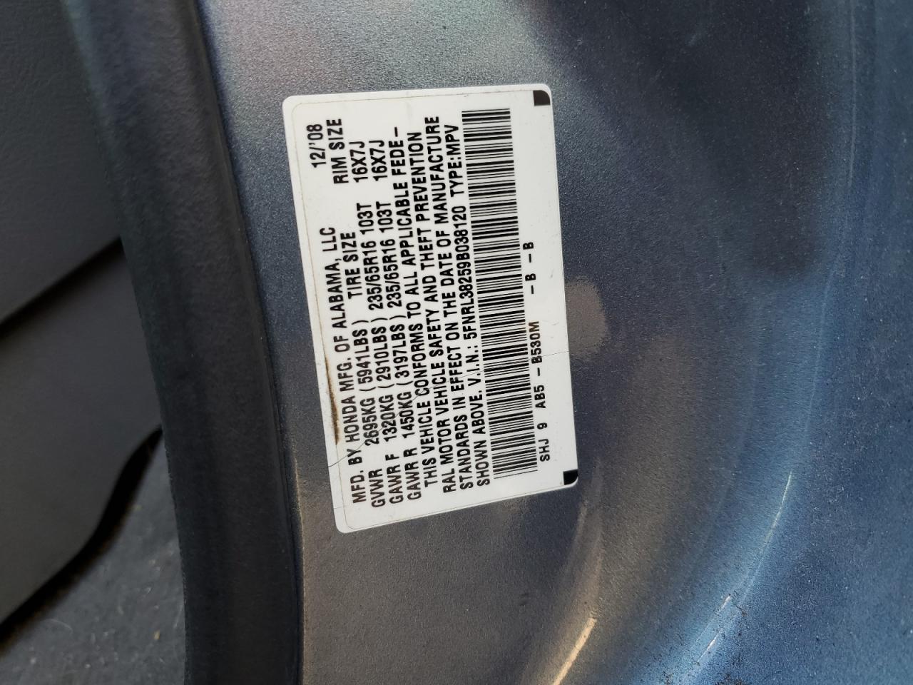 5FNRL38259B038120 2009 Honda Odyssey Lx