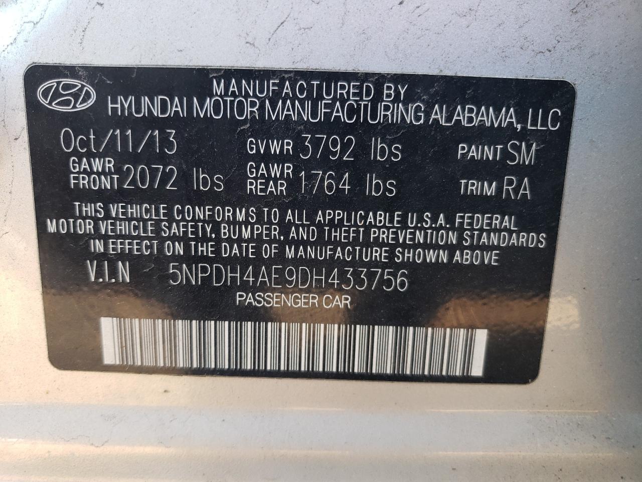 5NPDH4AE9DH433756 2013 Hyundai Elantra Gls