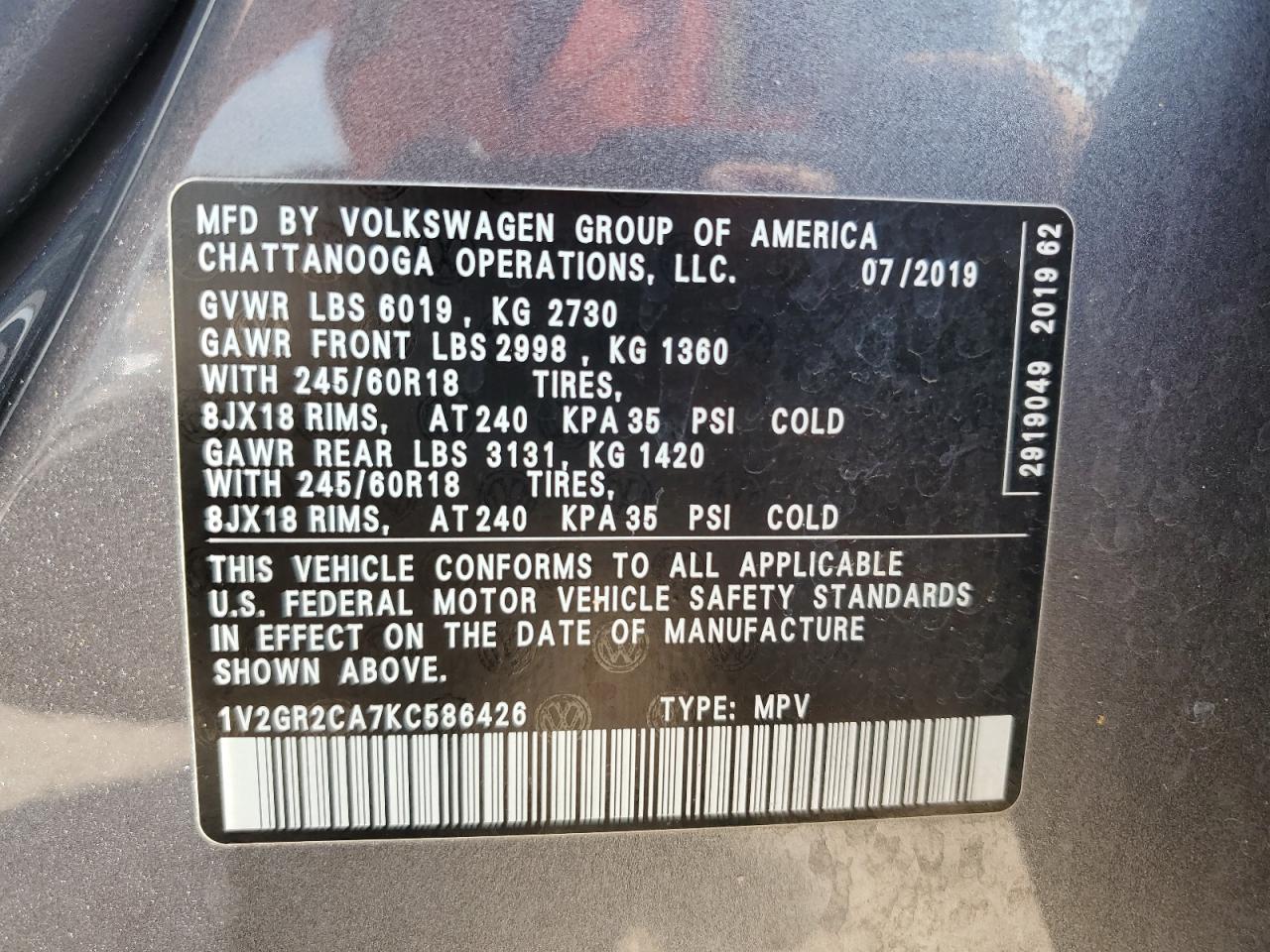 2019 Volkswagen Atlas S VIN: 1V2GR2CA7KC586426 Lot: 71248924