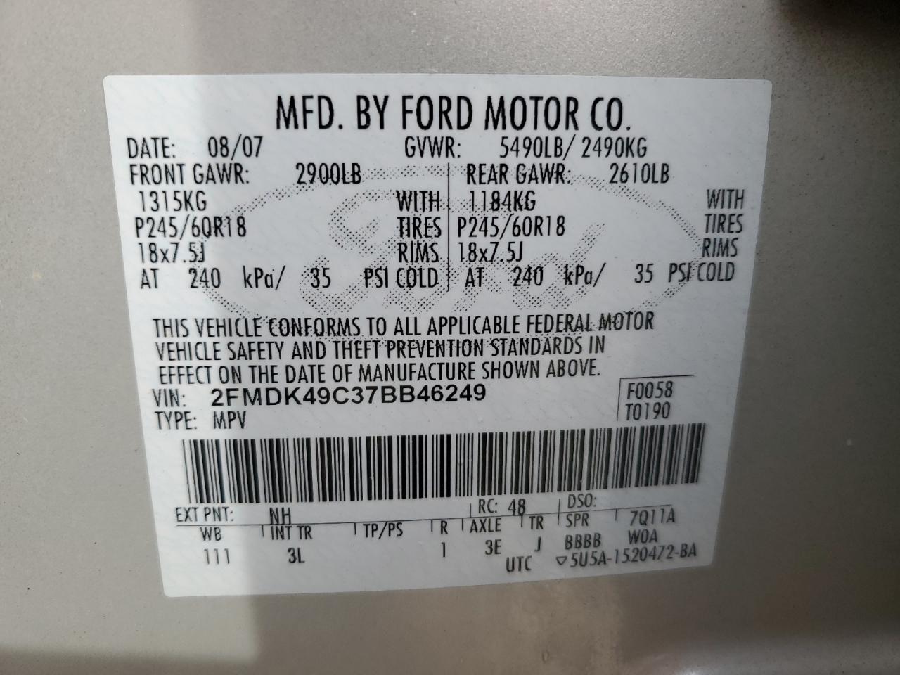 2FMDK49C37BB46249 2007 Ford Edge Sel Plus