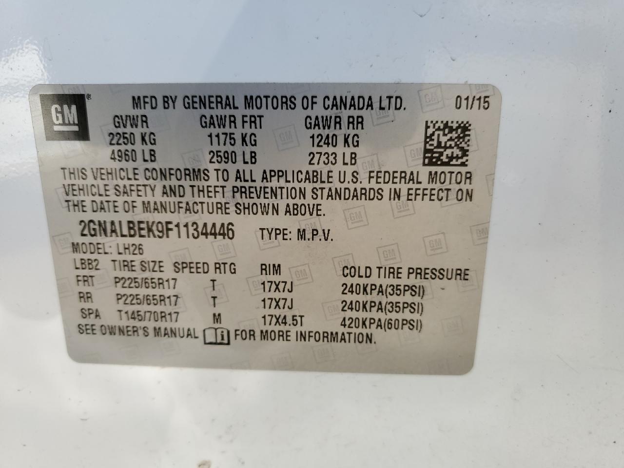 2GNALBEK9F1134446 2015 Chevrolet Equinox Lt