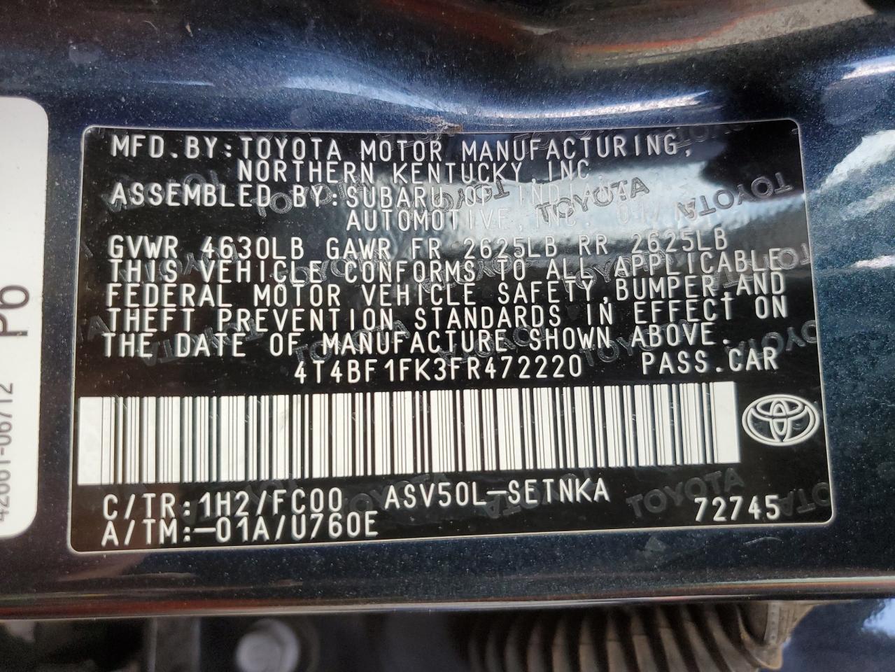 4T4BF1FK3FR472220 2015 Toyota Camry Le