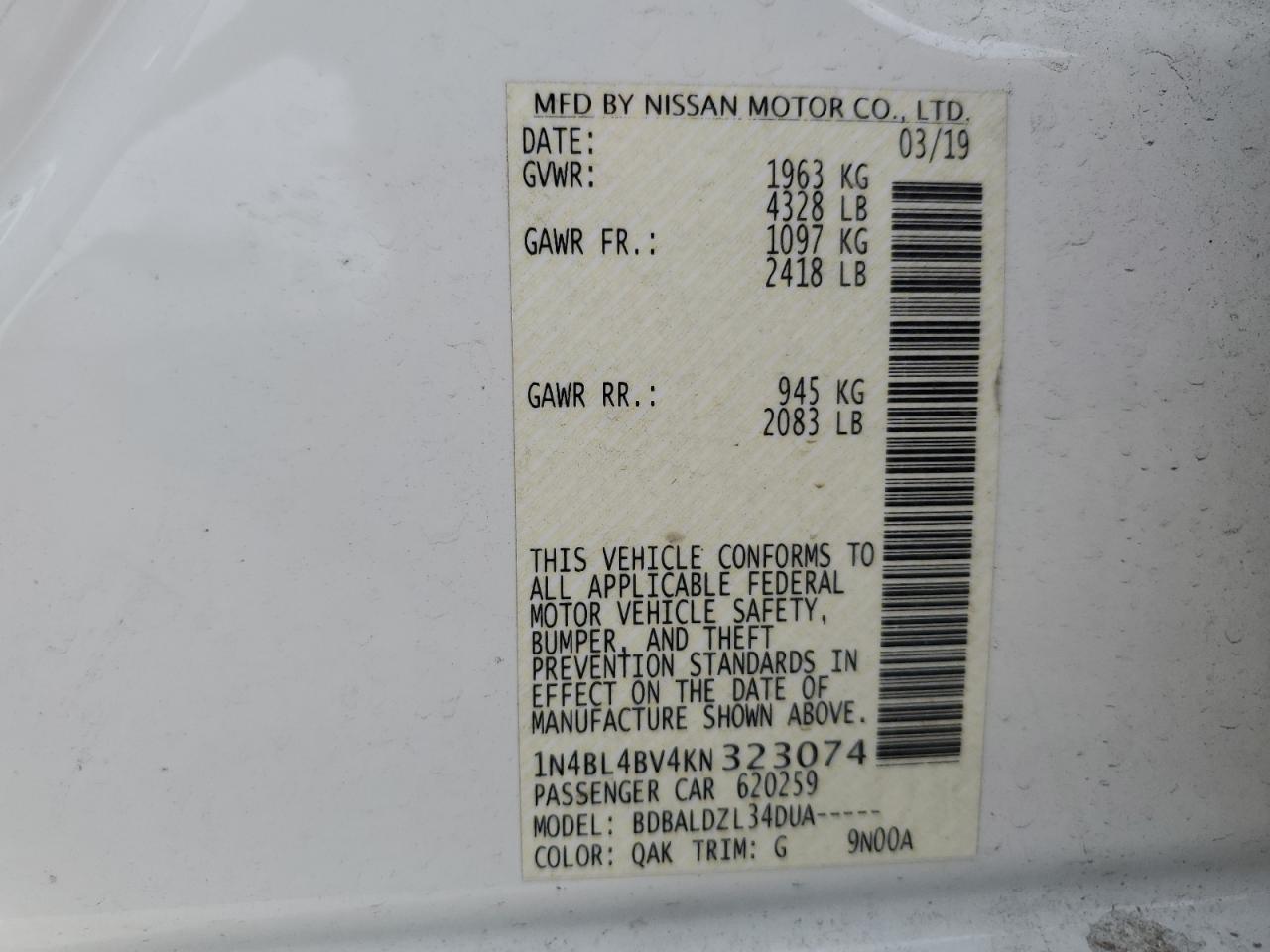 1N4BL4BV4KN323074 2019 Nissan Altima S