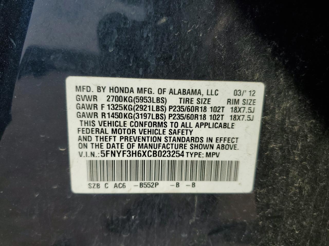 5FNYF3H6XCB023254 2012 Honda Pilot Exl