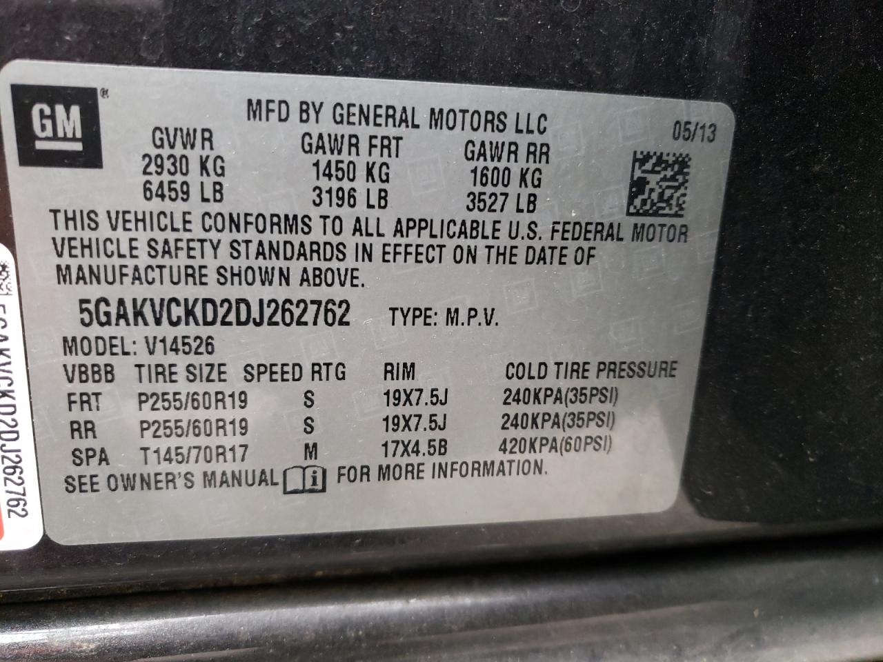 5GAKVCKD2DJ262762 2013 Buick Enclave