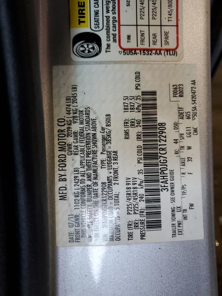 2012 Ford Fusion Sel VIN: 3FAHP0JG7CR122908 Lot: 71190254