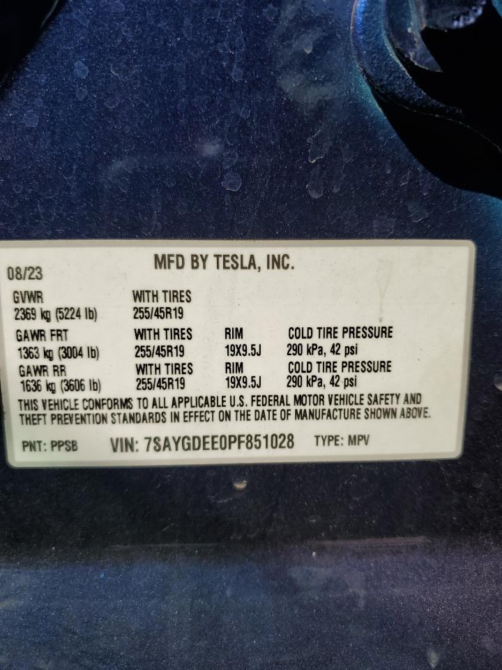 2023 Tesla Model Y VIN: 7SAYGDEE0PF851028 Lot: 73797434