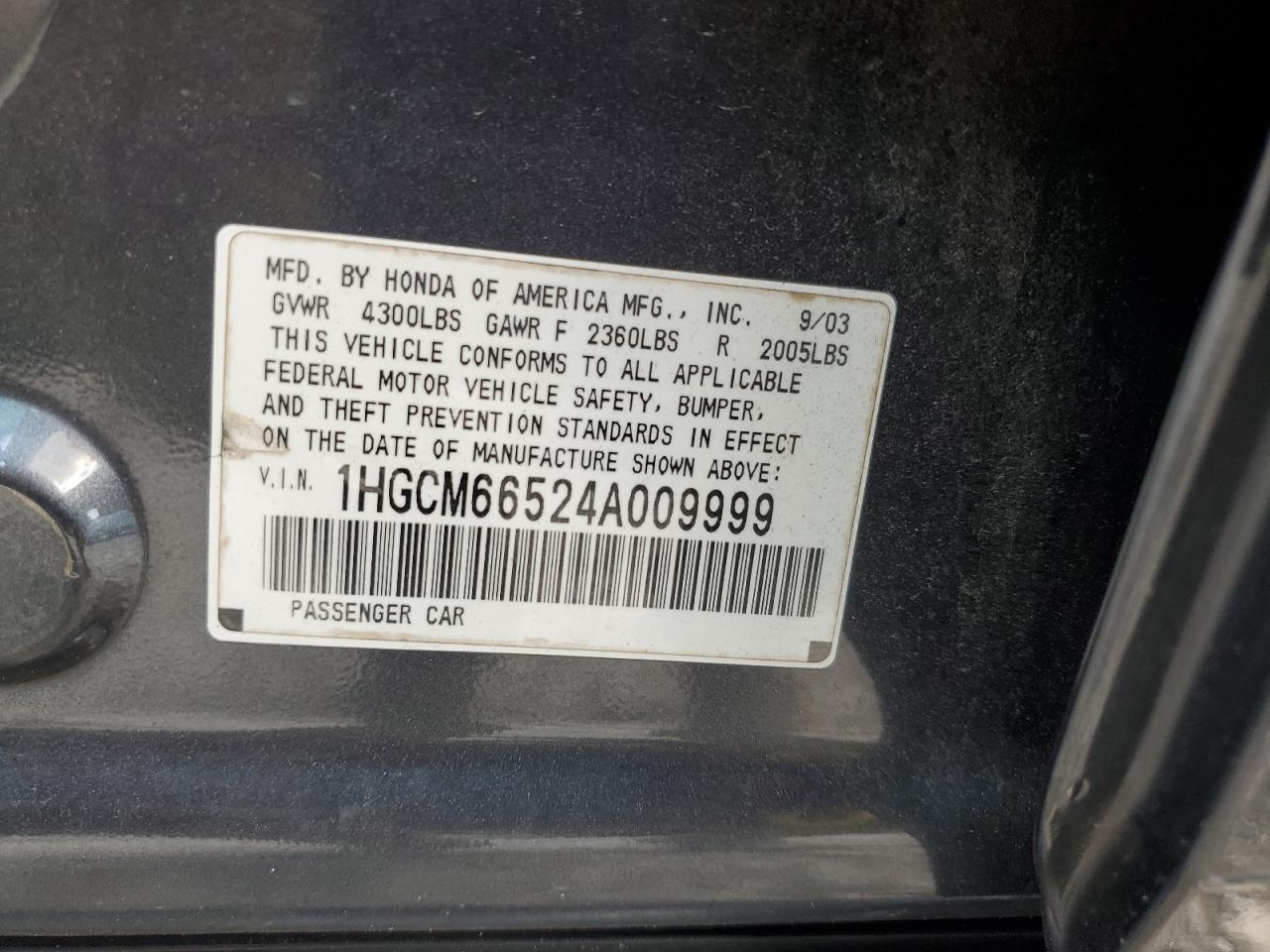 1HGCM66524A009999 2004 Honda Accord Ex