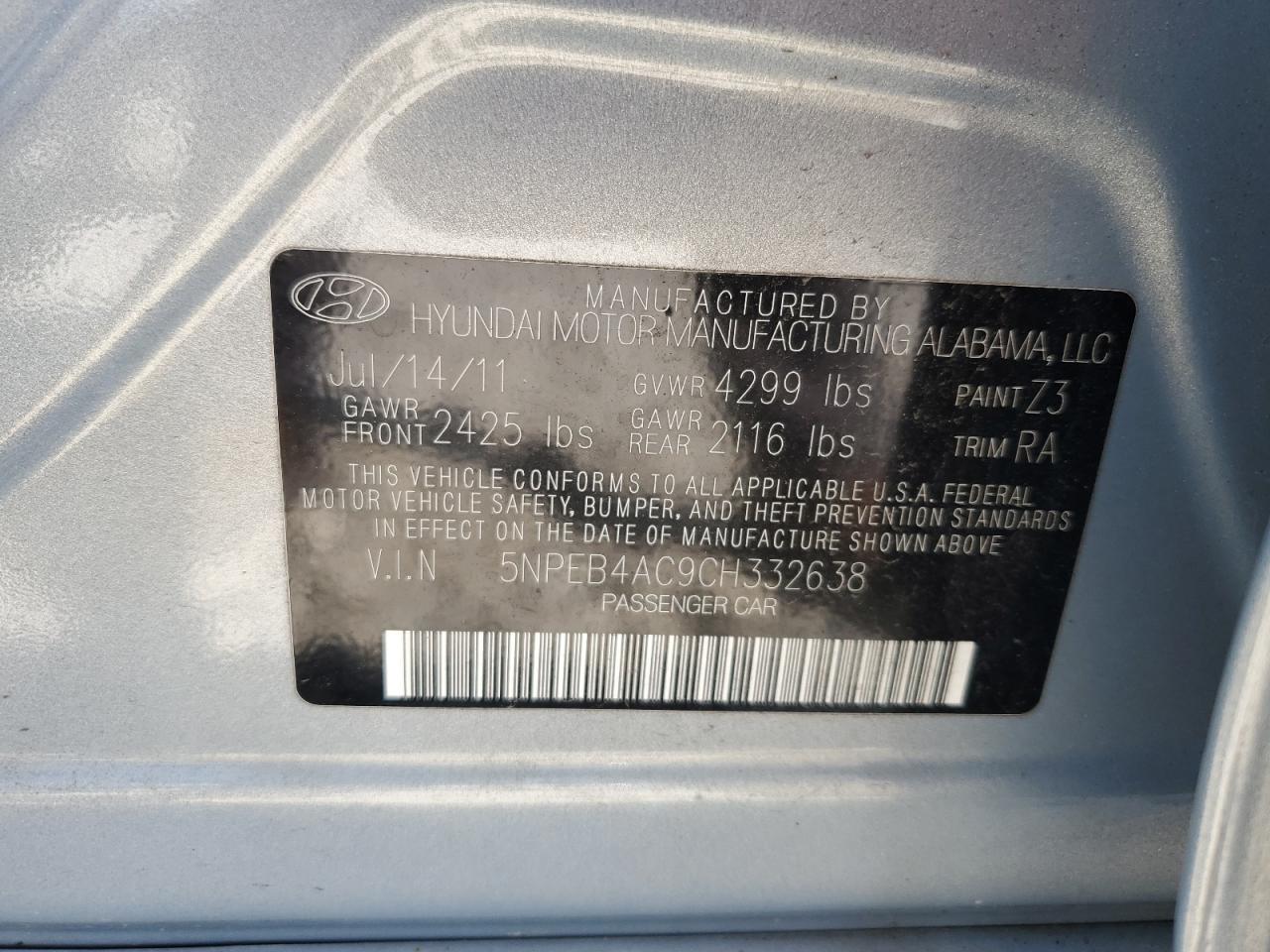 5NPEB4AC9CH332638 2012 Hyundai Sonata Gls