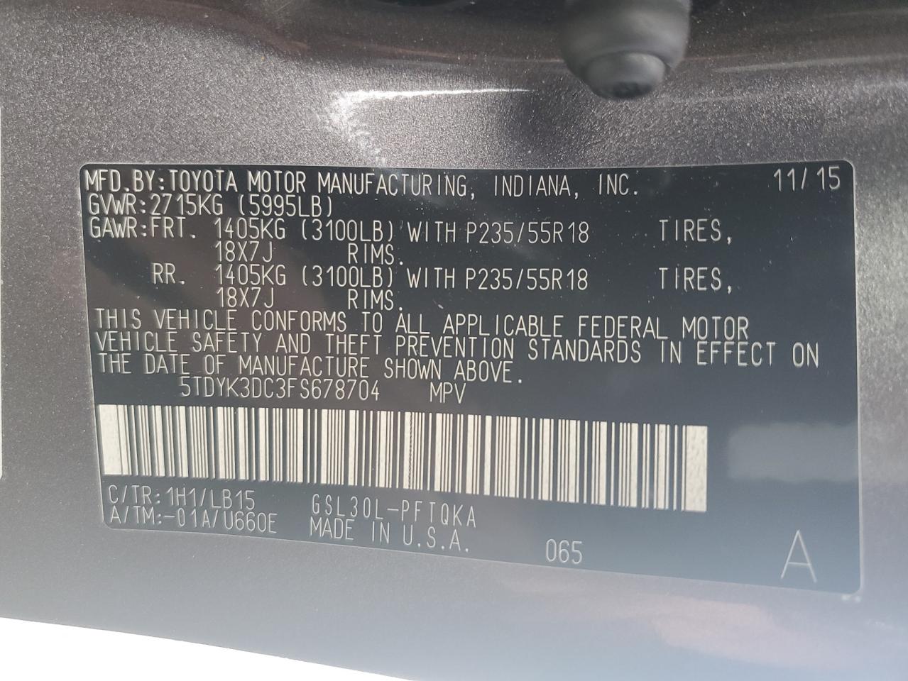 5TDYK3DC3FS678704 2015 Toyota Sienna Xle