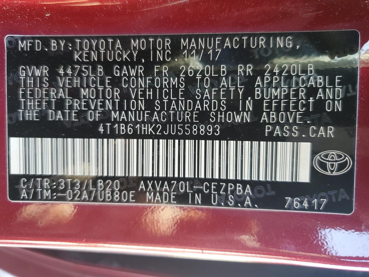 4T1B61HK2JU558893 2018 Toyota Camry Xse